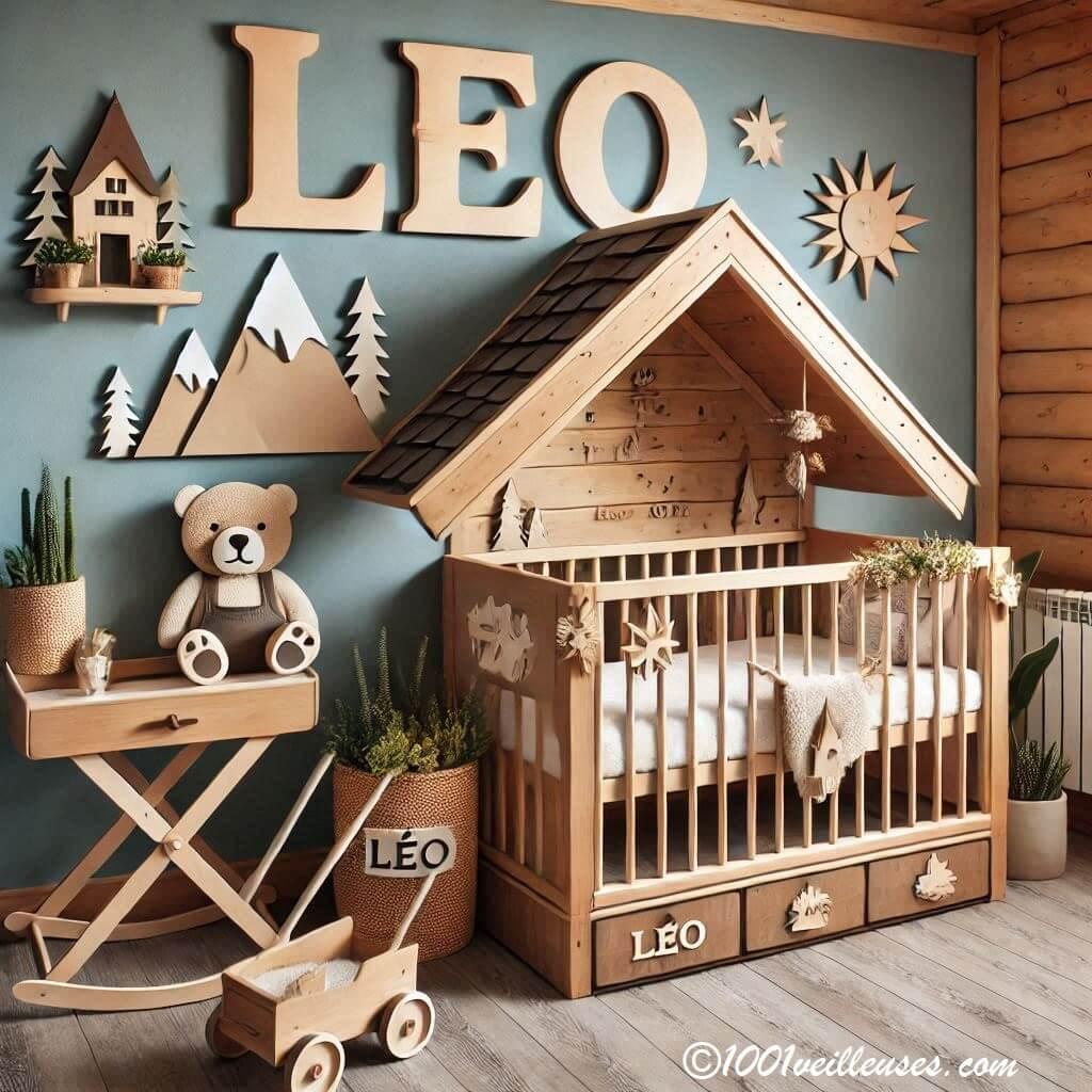 Realistic image of a very original baby room with the name leo chalet theme