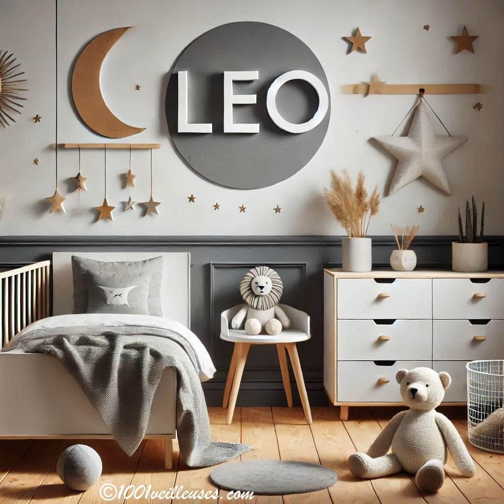 Realistic image of a very original baby room with the name leo minimalist theme