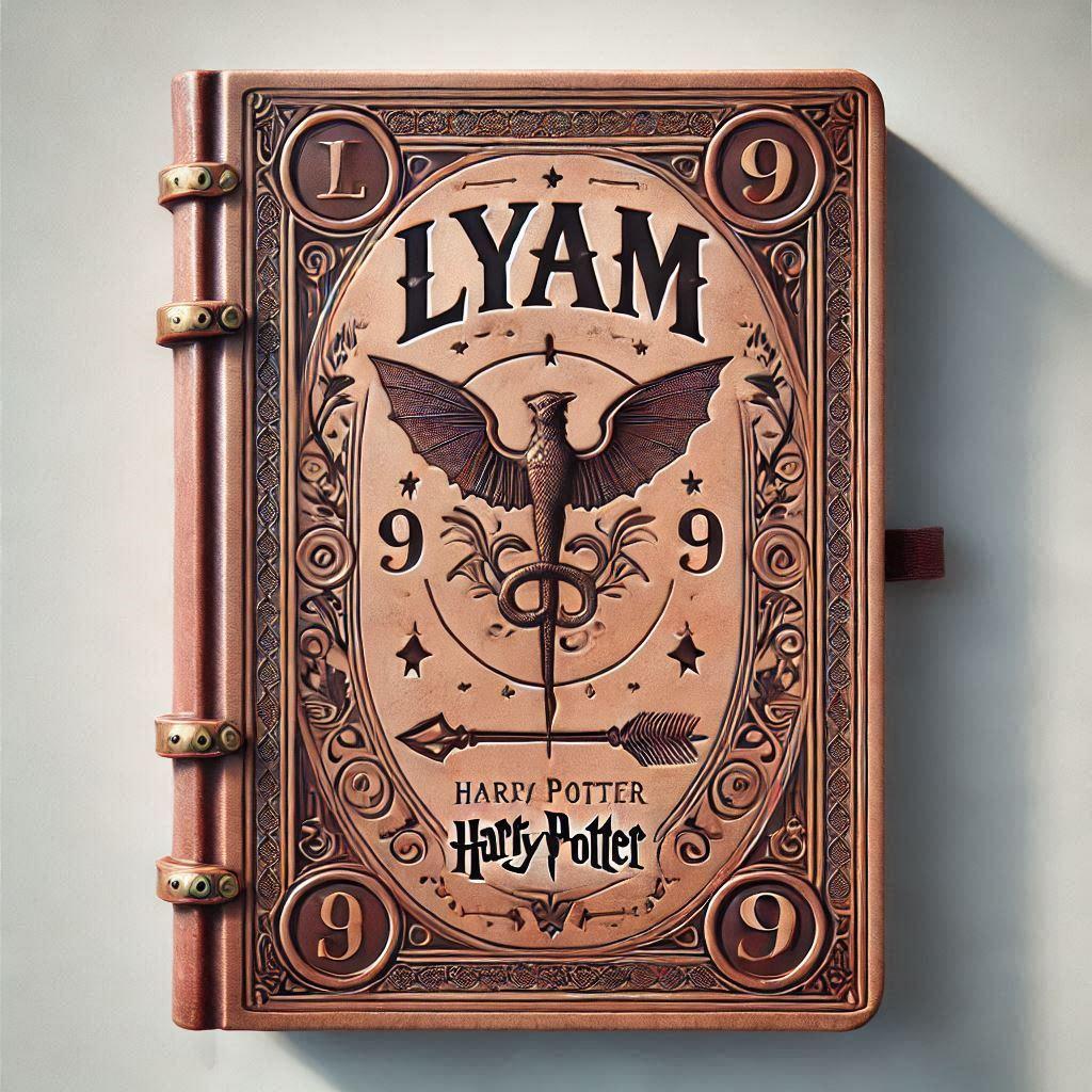 Realistic image of an old style harry potter style notebook with lyam written on it