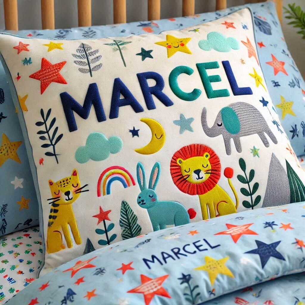 coussin personnalisé avec le prénom marcel, theme animaux