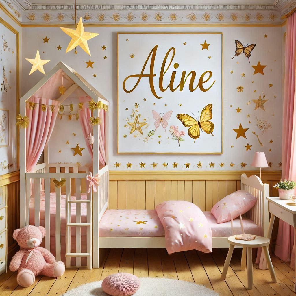 Realistic image of the name aline in a lovely little girls room with a theme of stars fairies butterflies in yellow pink and gold colors with a cabin bed