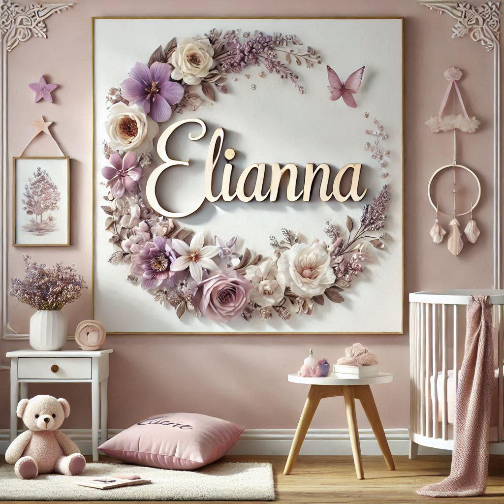 Realistic image of the name elianna in a lovely baby girls room with a floral theme featuring pastel violet rose white and taupe colors