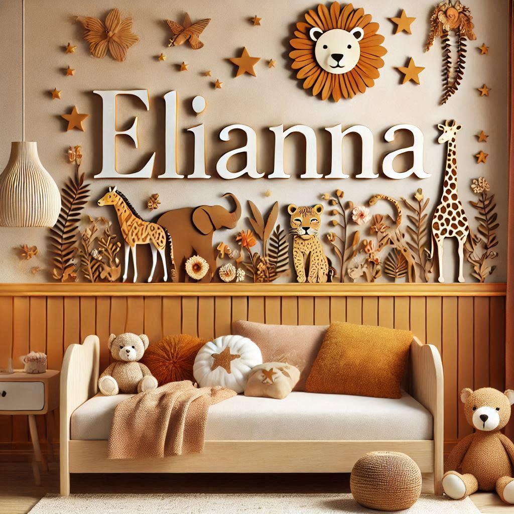 Realistic image of the name elianna in a lovely little girls room with a jungle animals theme colors orange gold brown ochre