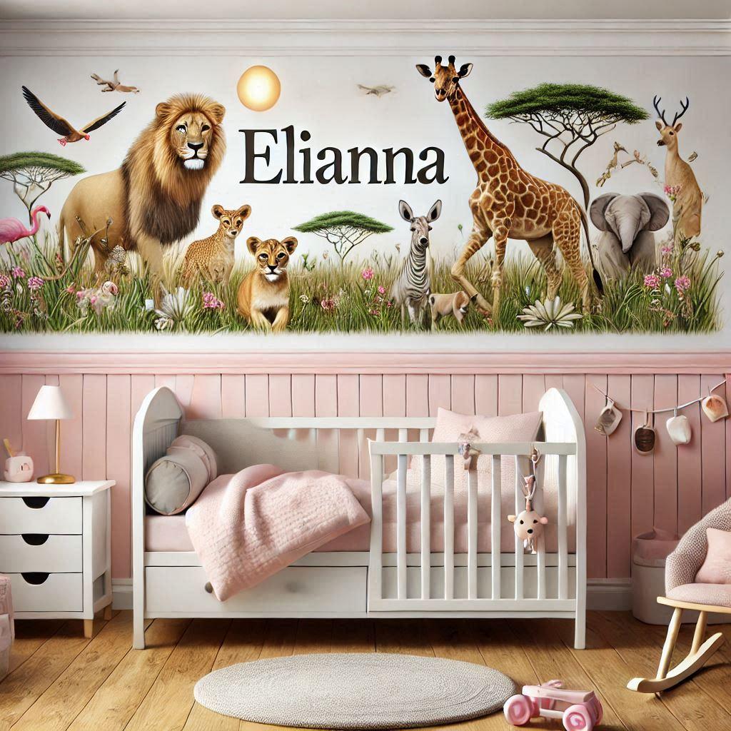 Realistic image of the name elianna in a lovely little girls room with a savanna animals theme