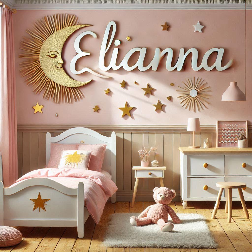 Realistic image of the name elianna in a lovely little girls room with a sun theme