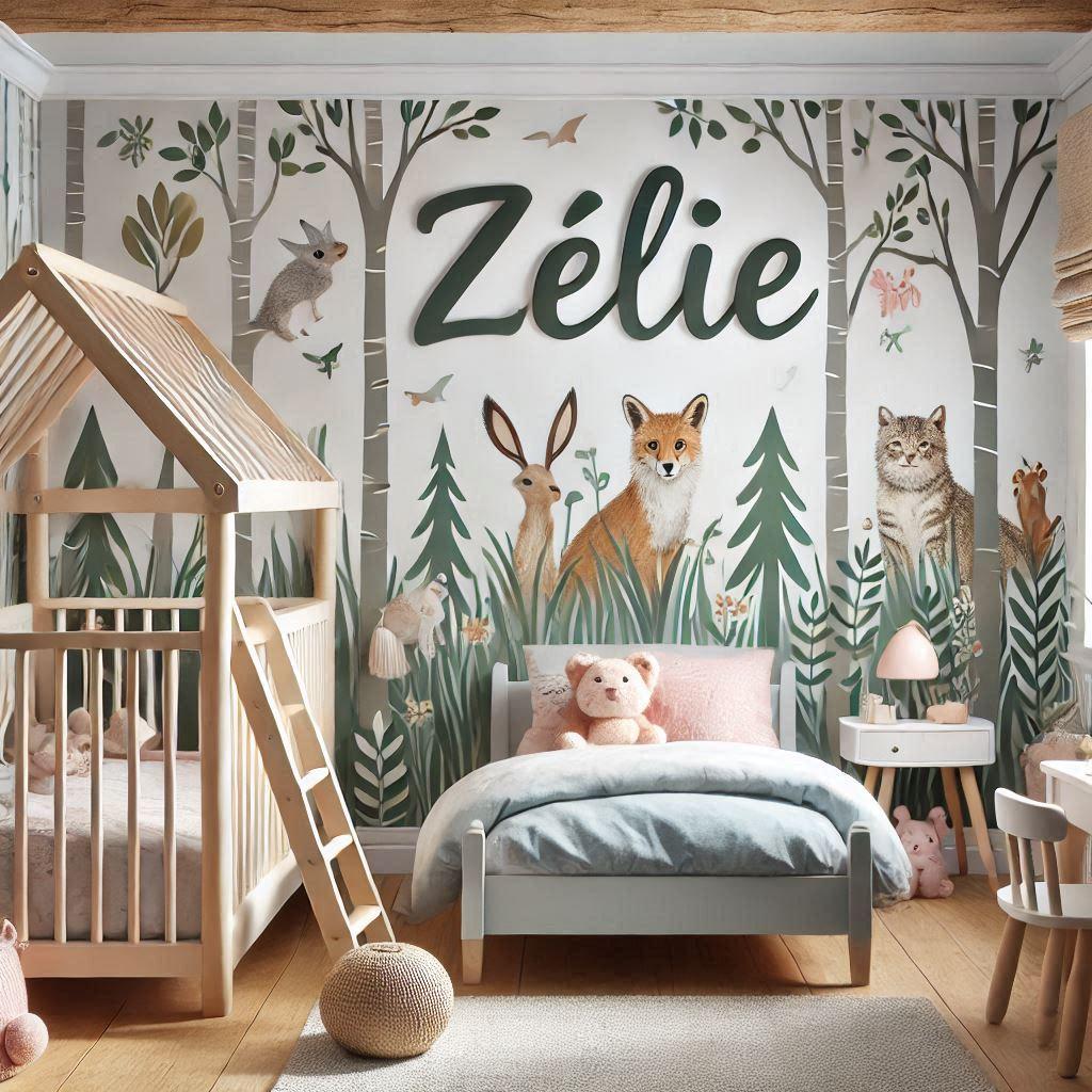 Realistic image of the name zelie in a lovely little girls room with a forest animals theme and a cabin bed 1