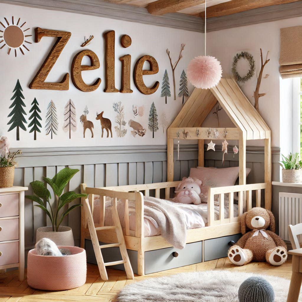 Realistic image of the name zelie in a lovely little girls room with a forest animals theme and a cabin bed 1