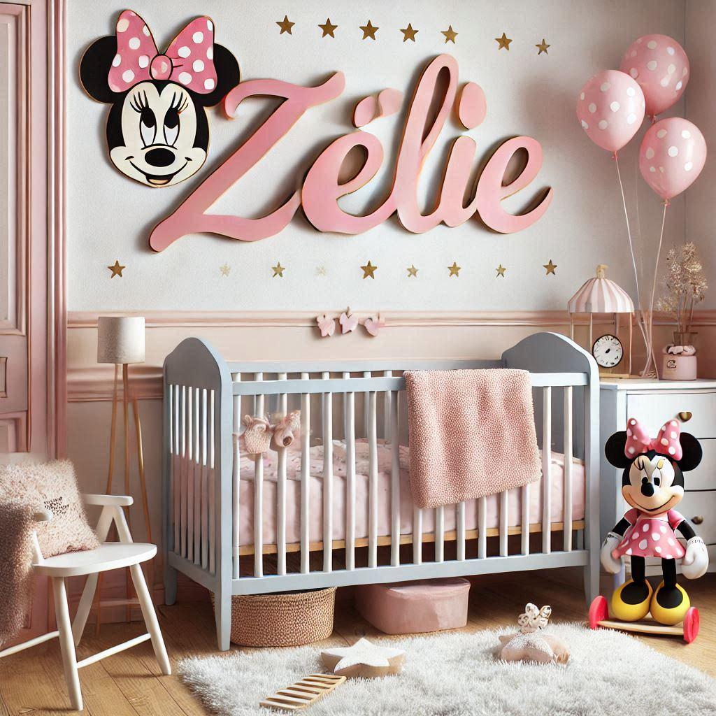 Realistic image of the name zelie in a lovely little girls room with a minnie theme