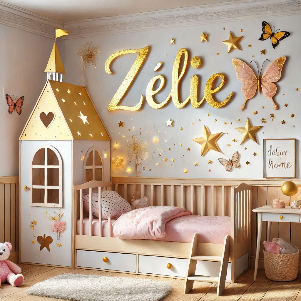 Realistic image of the name zelie in a lovely little girls room with a theme of stars fairies butterflies in yellow pink and gold colors with a cabin bed