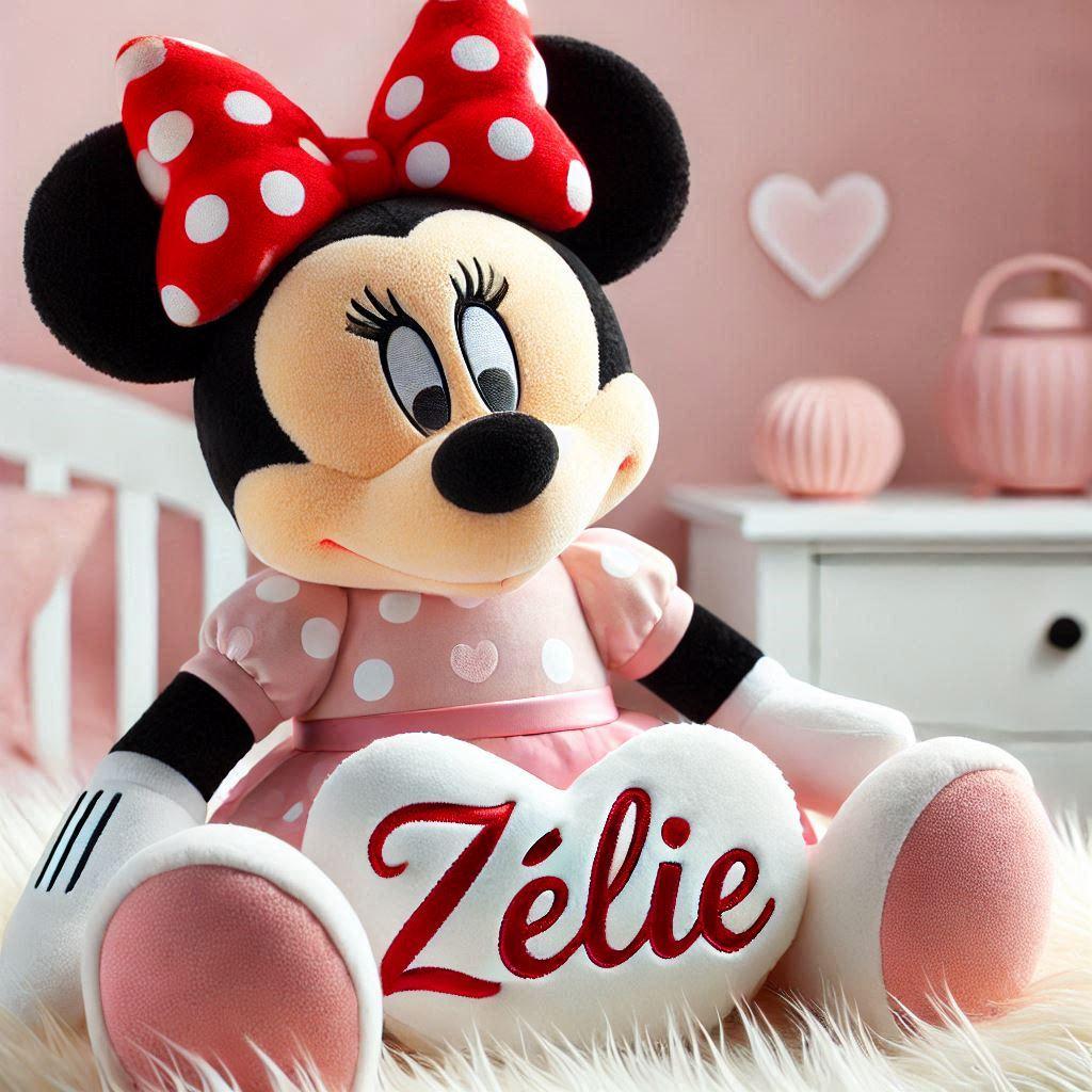 Realistic image of the name zelie written on a childs minnie teddy bear