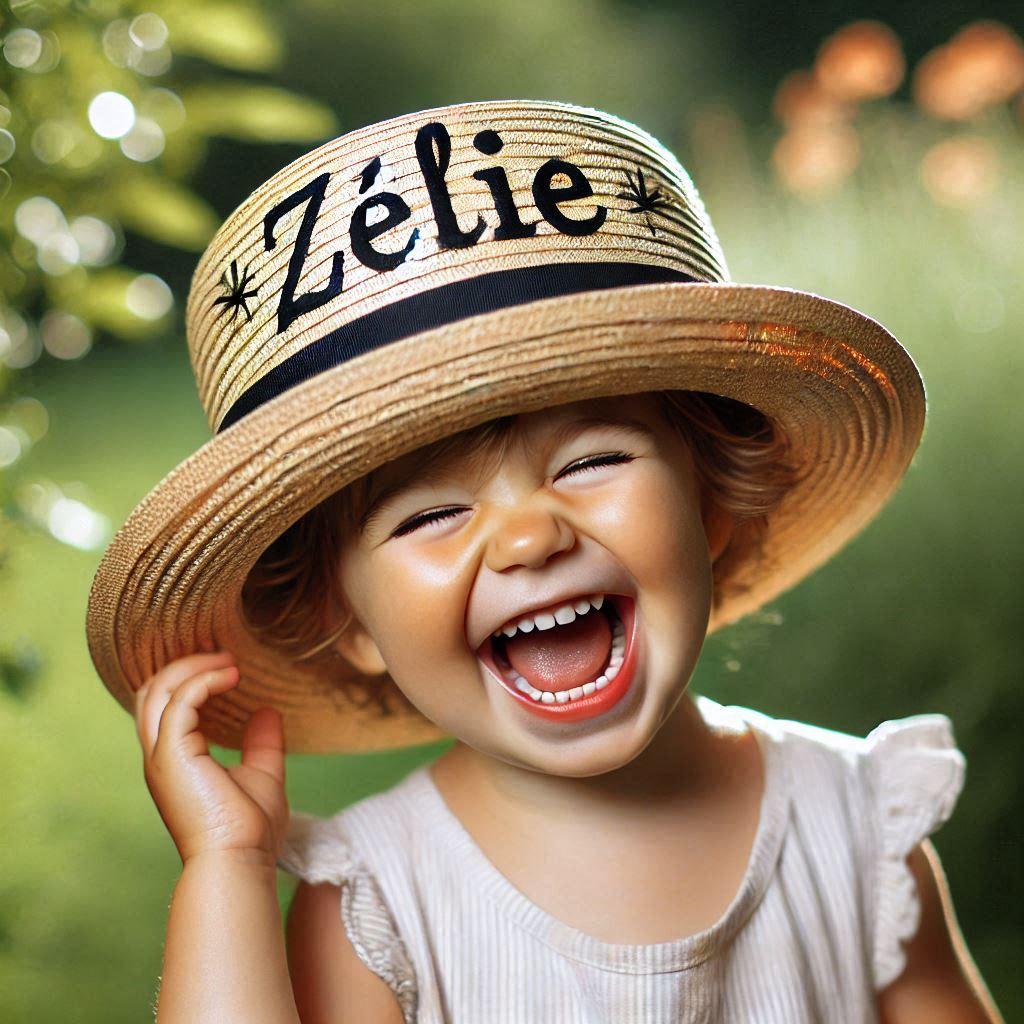 Realistic image of the name zelie written on a little girls hat laughing in a garden