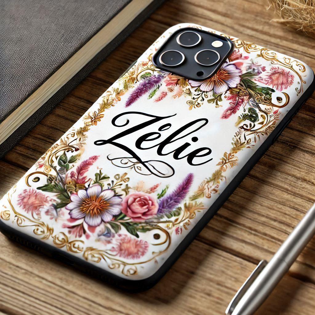 Realistic image of the name zelie written on a phone case