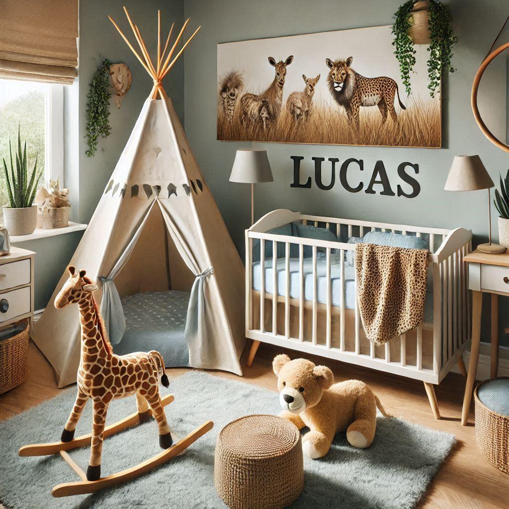 Décoration de chambre d'enfant sur le thème animaux de la savane avec le prénom Lucas