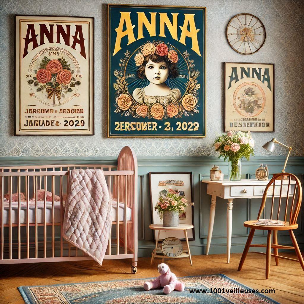 chambre rétro pour petite fille, prénom Anna