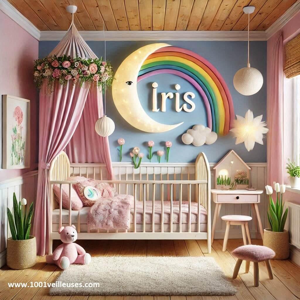 chambre de petite fille personnalisée avec le prénom Iris, sur le thème de l'arc-en-ciel, avec un lit cabane, une lampe en forme de lune et une lampe en forme de fleur