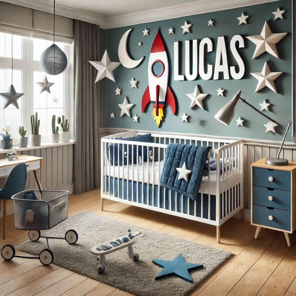 Realistic photo of a boys nursery room named lucas with a space theme rocket and stars