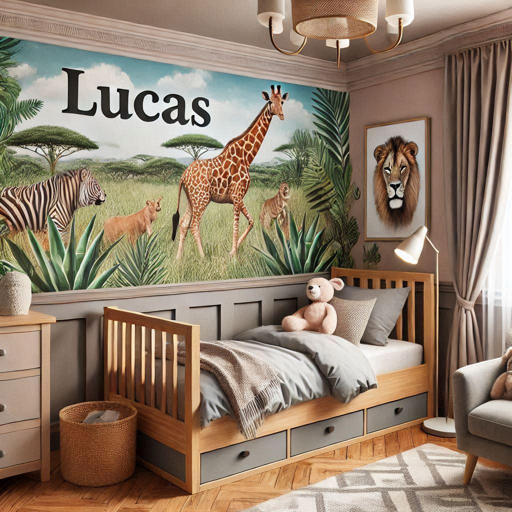 Realistic photo of a girls room with the name lucas featuring a savanna animal theme and a cabin bed