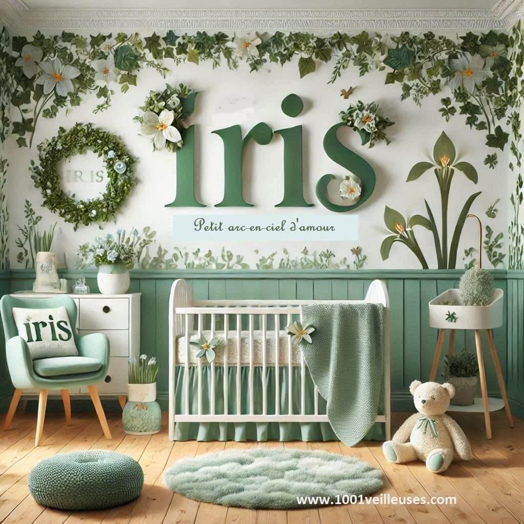 Chambre de bébé personnalisée avec le prénom Iris, décorée sur le thème du lierre et des fleurs dans des tons vert d'eau.