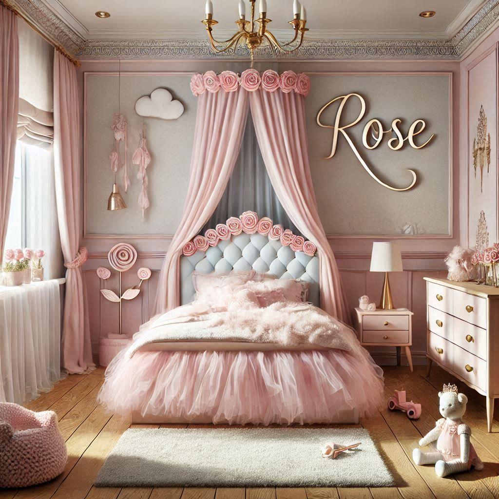 Realistic photo of a princess style baby girls room with the name rose on the wall decoration