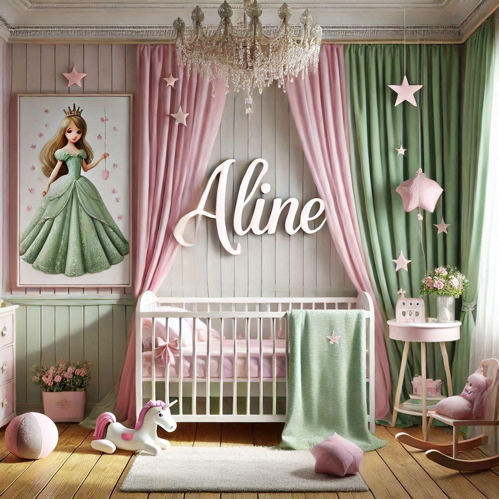 Photo de chambre de bébé fille style princesse avec le prénom Aline