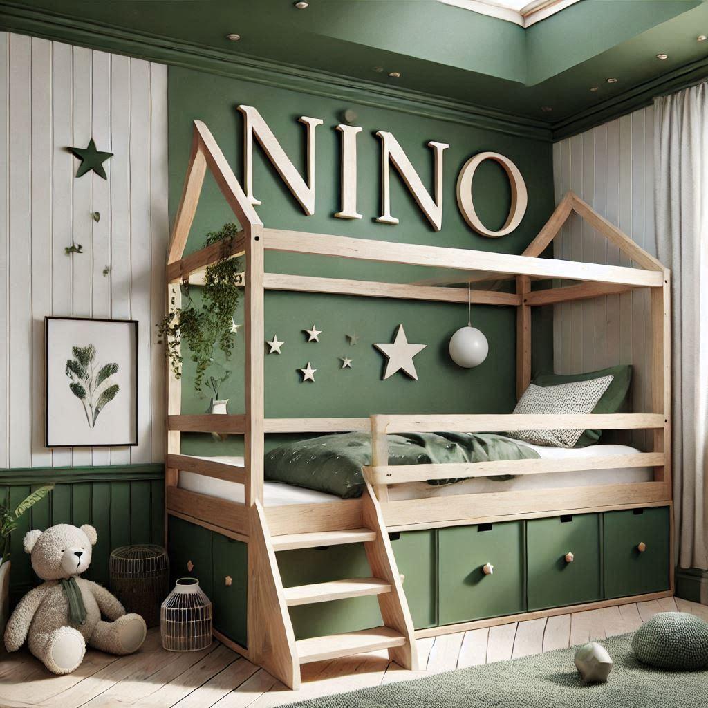 Realistic photo with the name nino for a boys room in green tones with a cabin bed