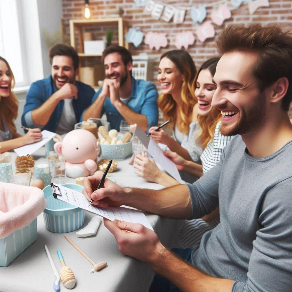 Soiree entre amis qui rigolent pendant un jeu de fete prenatale