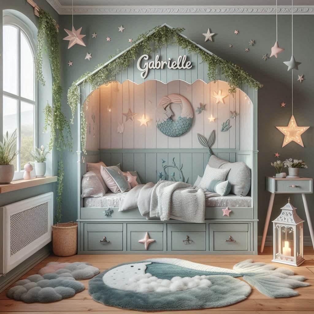 magnifique chambre de petite fille, decoration vert d eau et rose pale, prenom Gabrielle