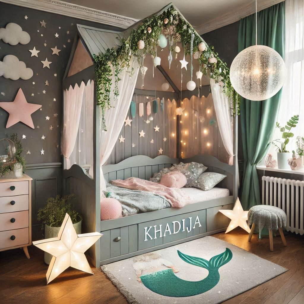 Theme de decoration de chambre denfant conte de fees et sirene avec un lit cabane nomme khadija dans des couleurs vert deau gris rose pastel et blanc avec des etoiles des nuages et