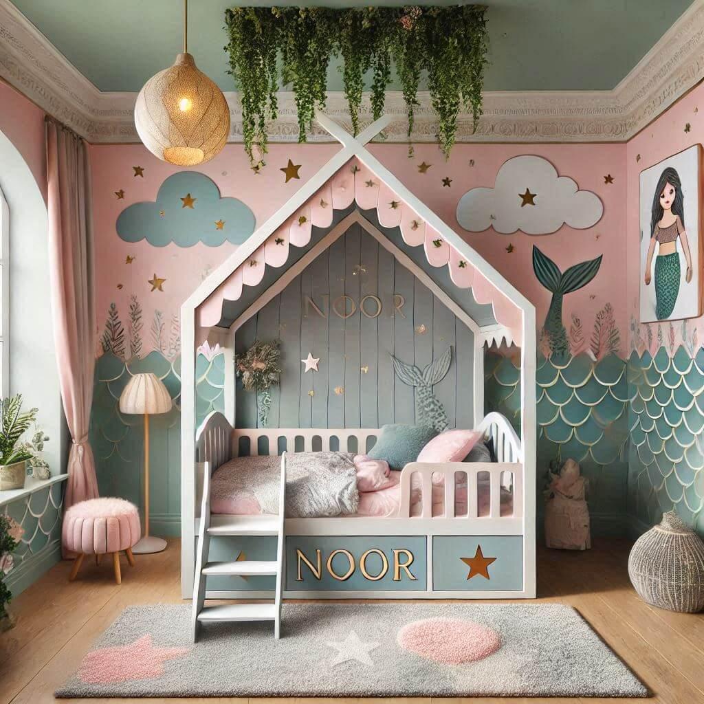 Theme de decoration de chambre denfant conte de fees et sirene avec un lit cabane nomme noor dans des couleurs vert deau gris rose pastel et blanc avec des etoiles des nuages et un