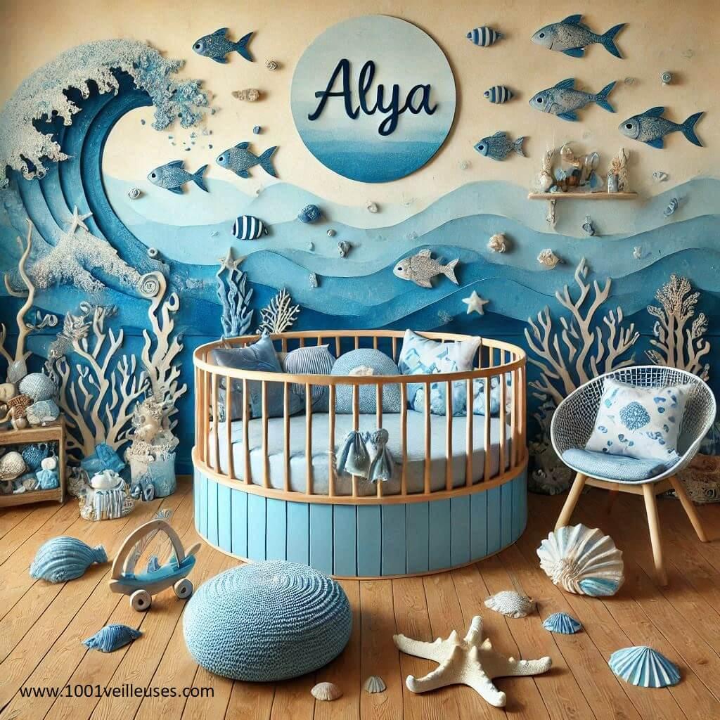 Une belle chambre de bebe fille avec le prenom Alya theme mer et ocean , avec un lit rond, aux couleurs bleu et bois naturel, avec des coquillages