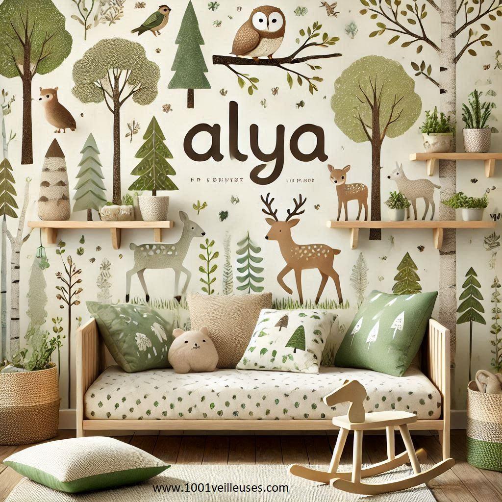 Une belle chambre de bebe fille avec le prenom Alya theme nature et foret avec des arbres, des animaux et des couleurs douces, vert, le beige et le marron.