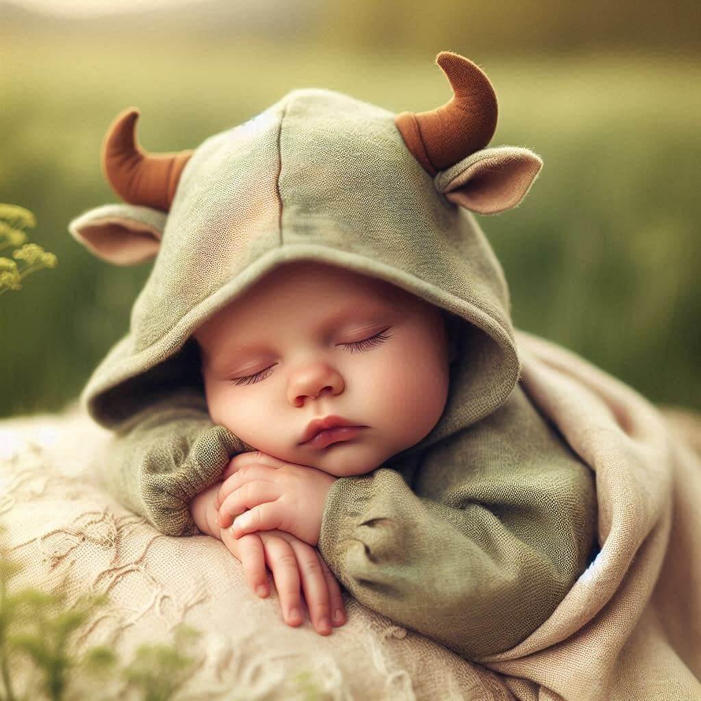 Un adorable bebe dormant paisiblement vetu dun costume doux et confortable inspire du signe du taureau