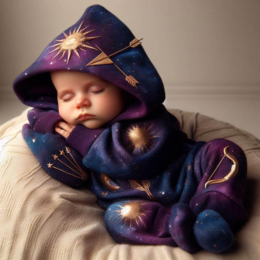 Un adorable bebe endormi habille avec une combinaison signe astrologique sagittaire photo professionnelle