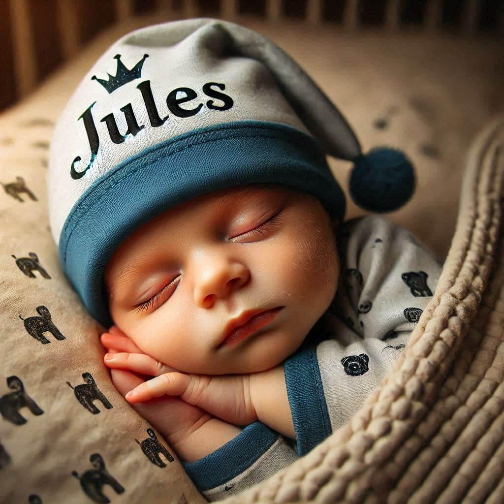 Un bebe avec le prenom jules sur le bonnet dormant dans un lit