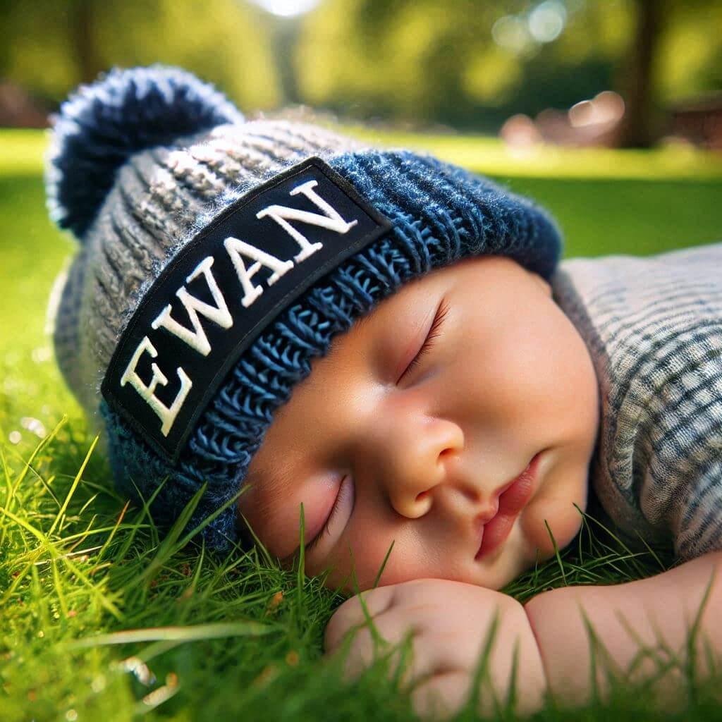 Un bebe avec un bonnet portant le prenom ewan endormi paisiblement dans un parc