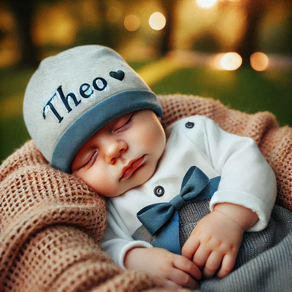 Un bebe avec un bonnet portant le prenom theo endormi paisiblement dans un parc