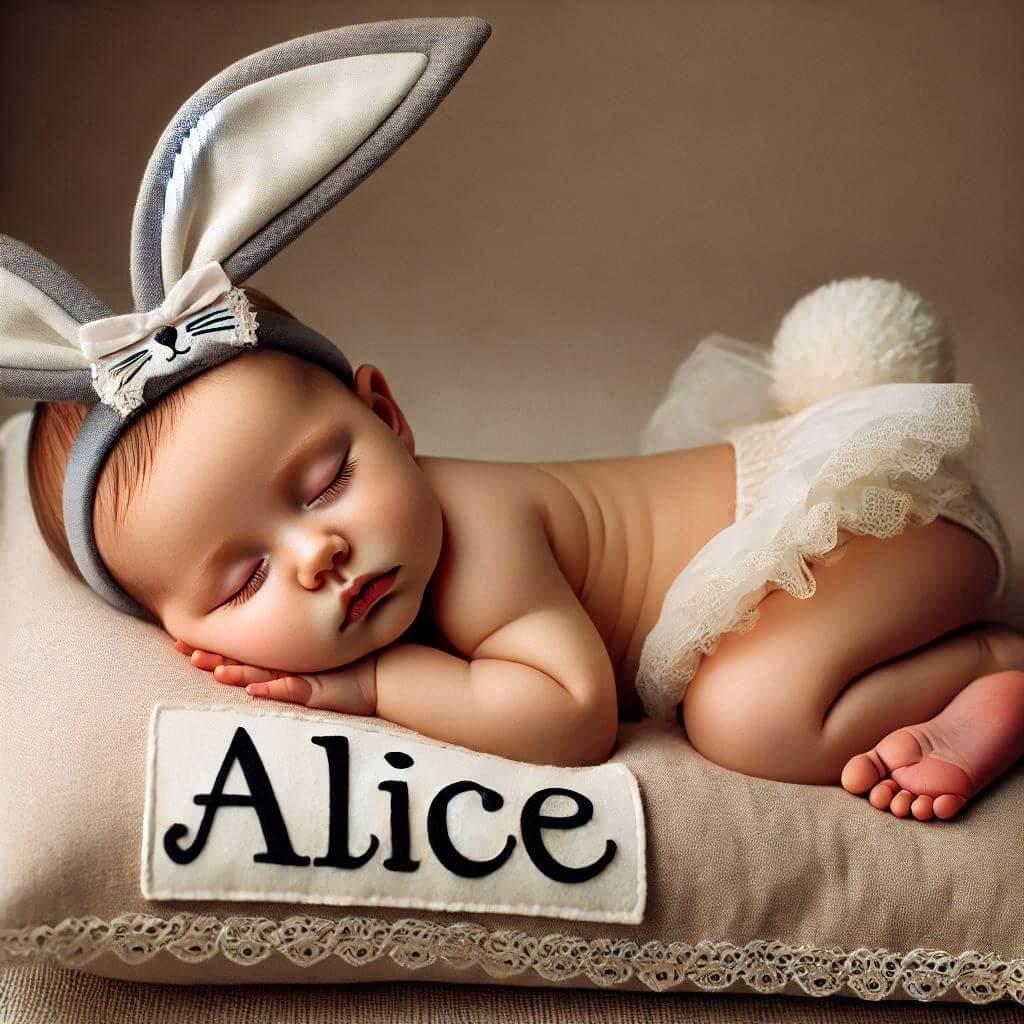 Un bebe fille qui dort avec ecrit alice sur son bandeau lapin il dort sur un gros coussin photo de professionnel