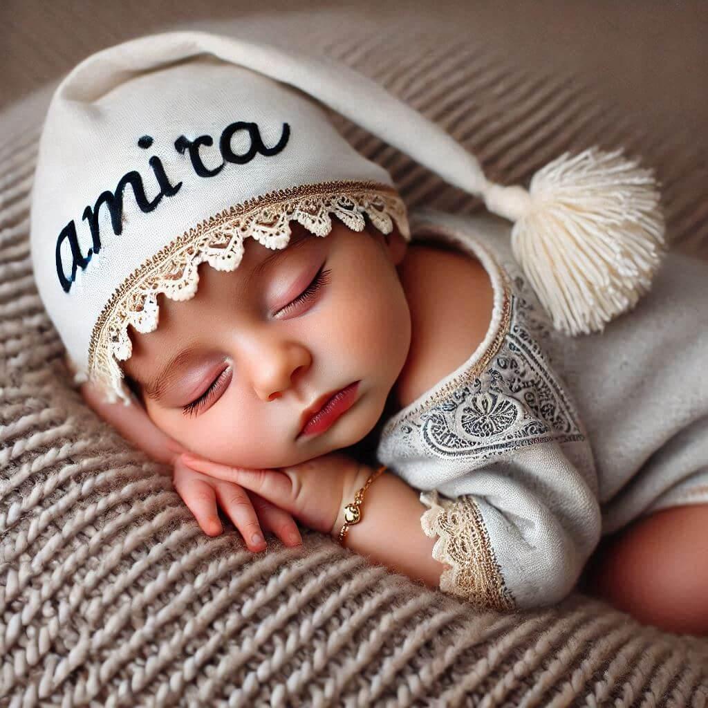 Un bebe fille qui dort avec ecrit amira en francais sur son bonnet motif oriental elle dort sur un gros coussin photo de professionnel prenom amira 1