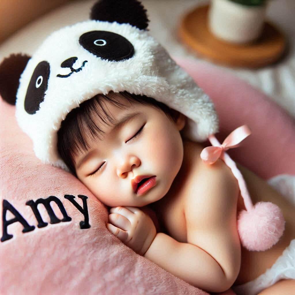 Un bebe fille qui dort avec ecrit amy sur son bonnet panda elle dort sur un gros coussin photo de professionnel