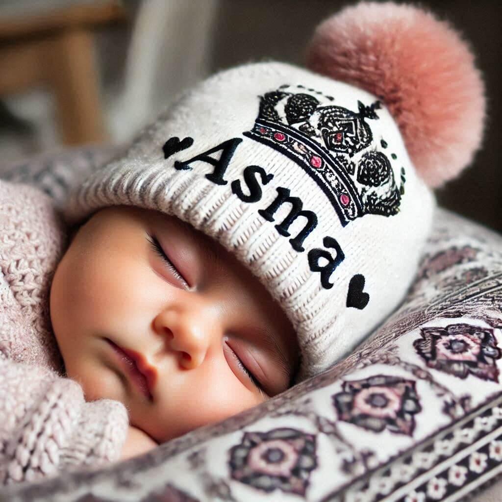 Un bebe fille qui dort avec ecrit asma en francais sur son bonnet motif oriental