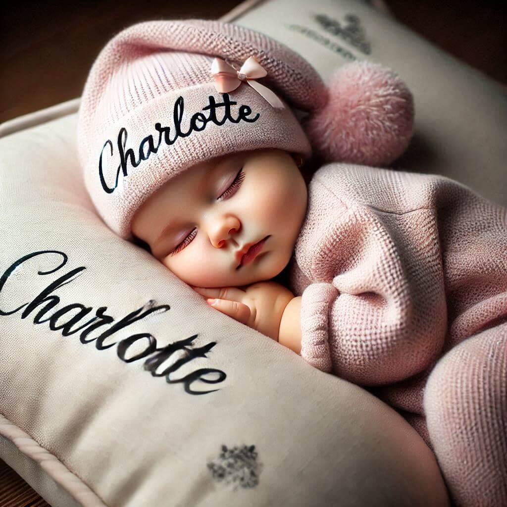 Un bebe fille qui dort avec ecrit charlotte en francais sur son bonnet elle dort sur un gros coussin photo de professionnel prenom charlotte 1