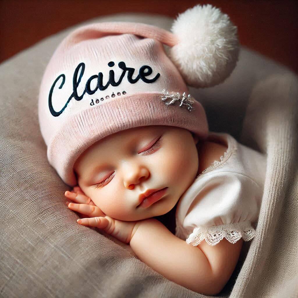 Un bebe fille qui dort avec ecrit claire en francais sur son bonnet elle dort sur un gros coussin photo de professionnel prenom claire