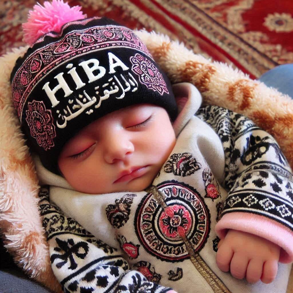 Un bebe fille qui dort avec ecrit hiba sur son bonnet motif oriental il dort sur un gros coussin photo de professionnel prenom hiba 1