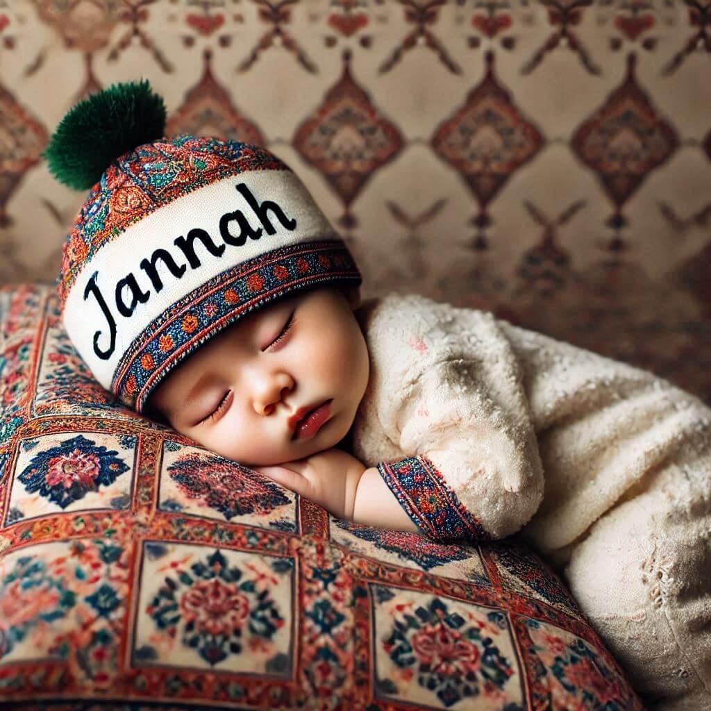 Un bebe fille qui dort avec ecrit jannah en francais sur son bonnet motif oriental elle dort sur un gros coussin photo de professionnel prenom jannah