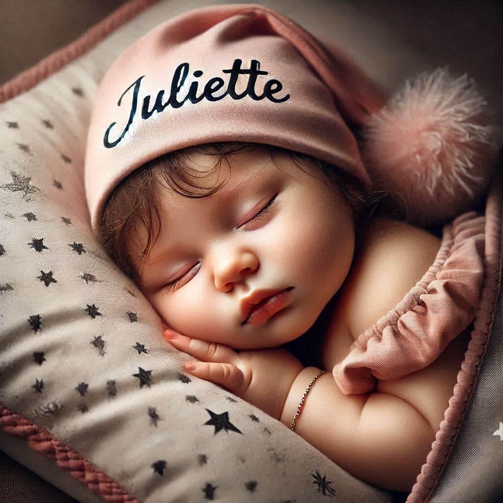 Un bebe fille qui dort avec ecrit juliette sur son bonnet