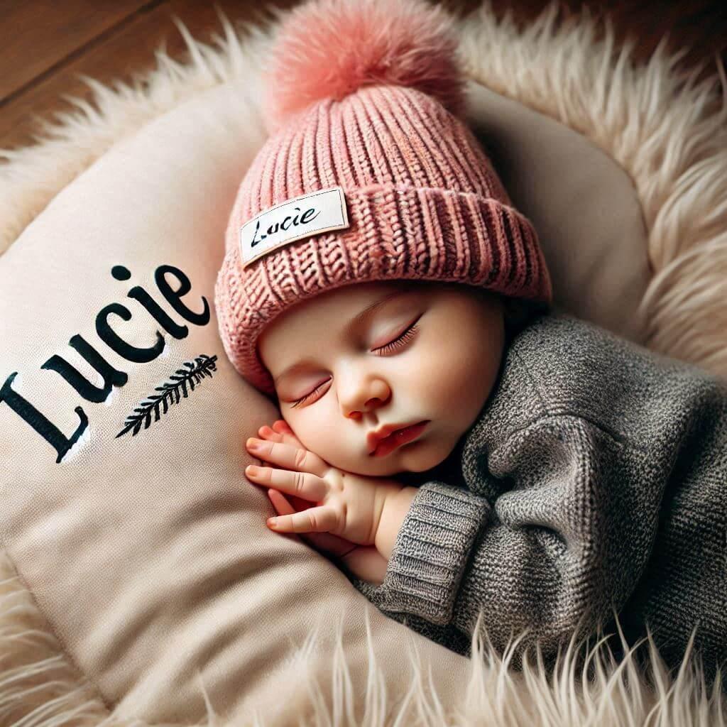 Un bebe fille qui dort avec ecrit lucie en francais sur son bonnet elle dort sur un gros coussin photo de professionnel prenom lucie 1