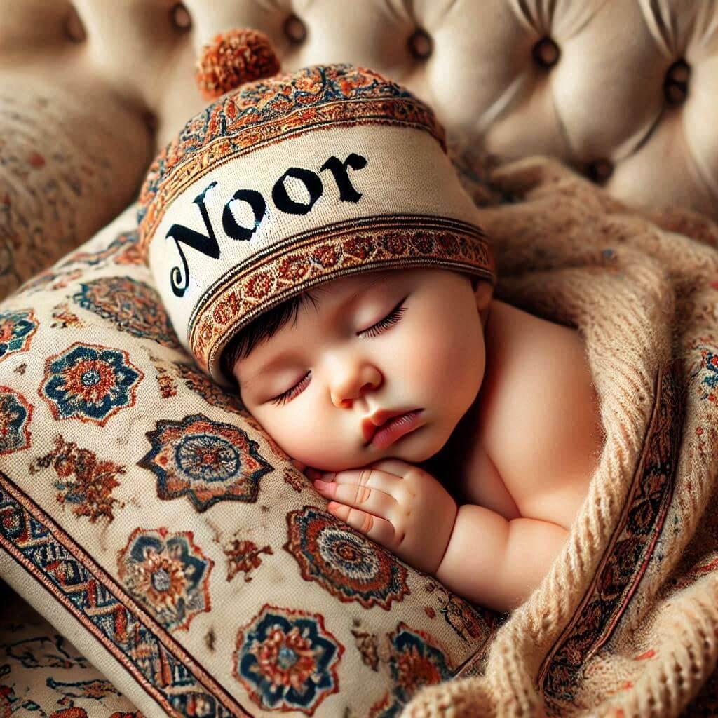 prénom Noor : bébé fille qui dort paisiblement avec le prénom Noor écrit en français sur son bonnet orné d'un motif oriental.