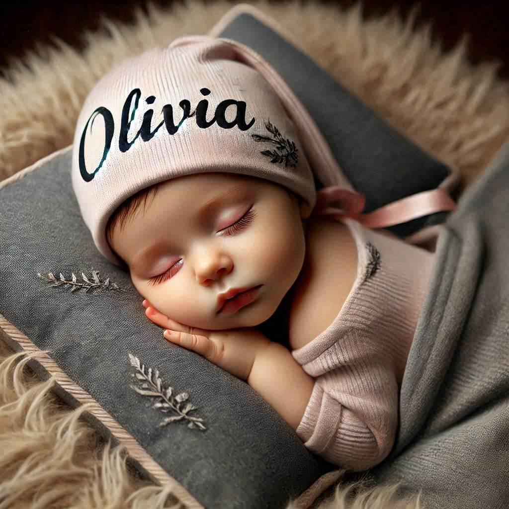 Un bebe fille qui dort avec ecrit olivia sur son bonnet elle dort sur un gros coussin photo de professionnel