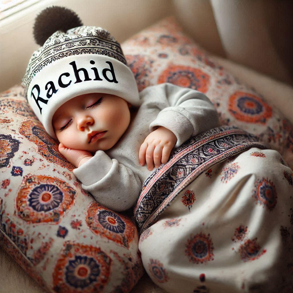 Un bebe fille qui dort avec ecrit rachid en francais sur son bonnet motif oriental elle dort sur un gros coussin photo de professionnel