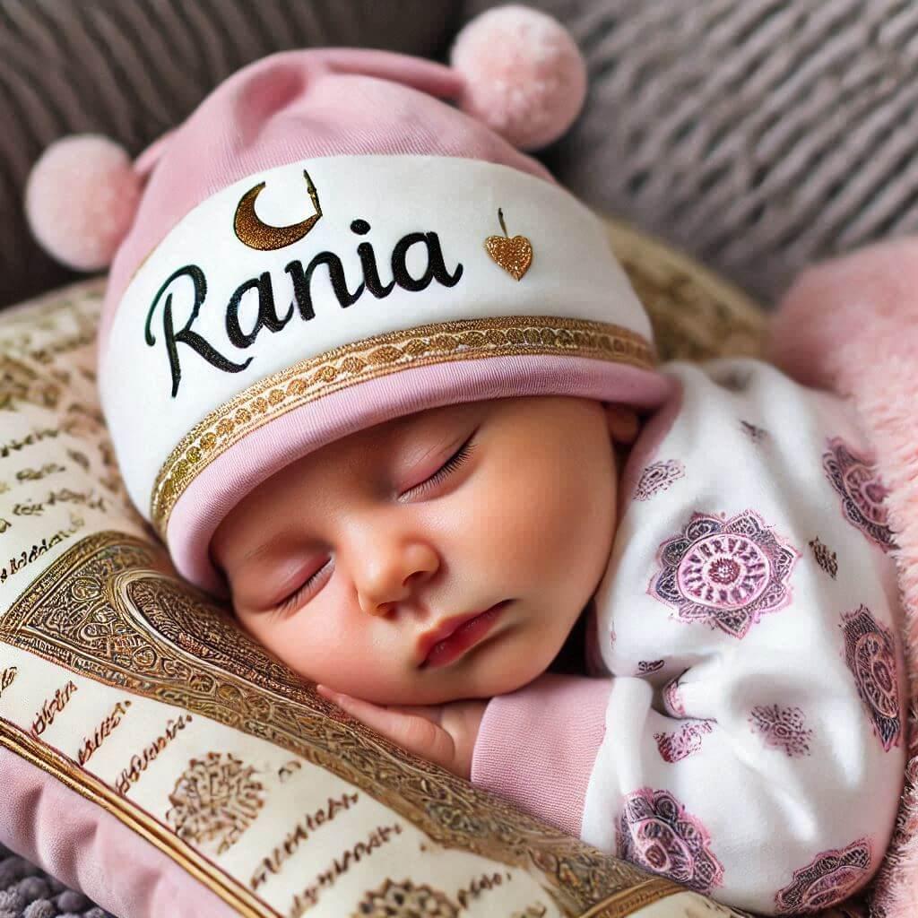 Un bebe fille qui dort avec ecrit rania en francais sur son bonnet motif oriental